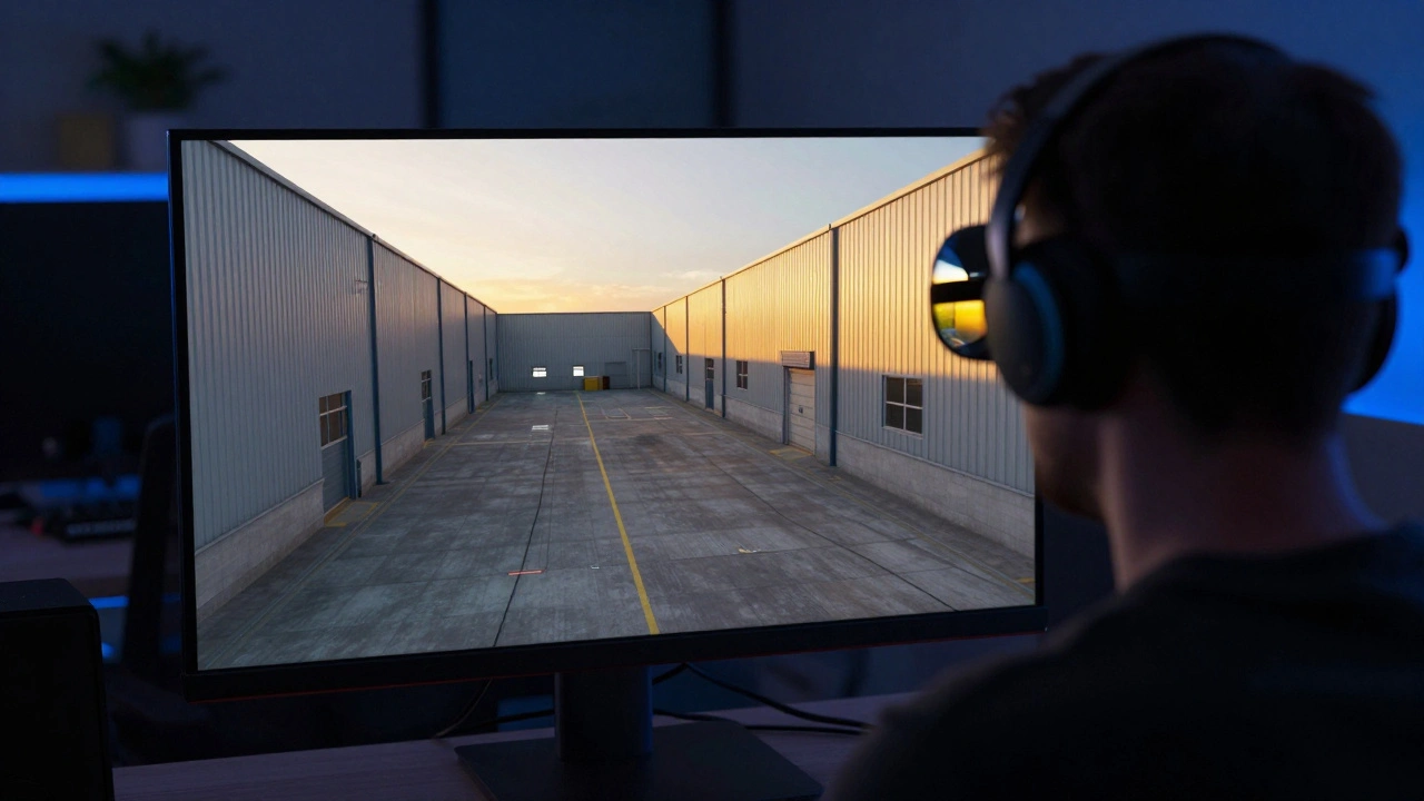 Cinematographer viewing a realistic 3D digital twin of a location on a monitor in a dimly lit control room.