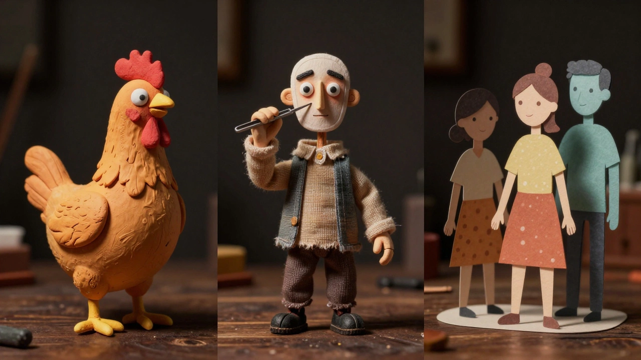 Claymation, puppet, and cut-out animation materials on a workbench
