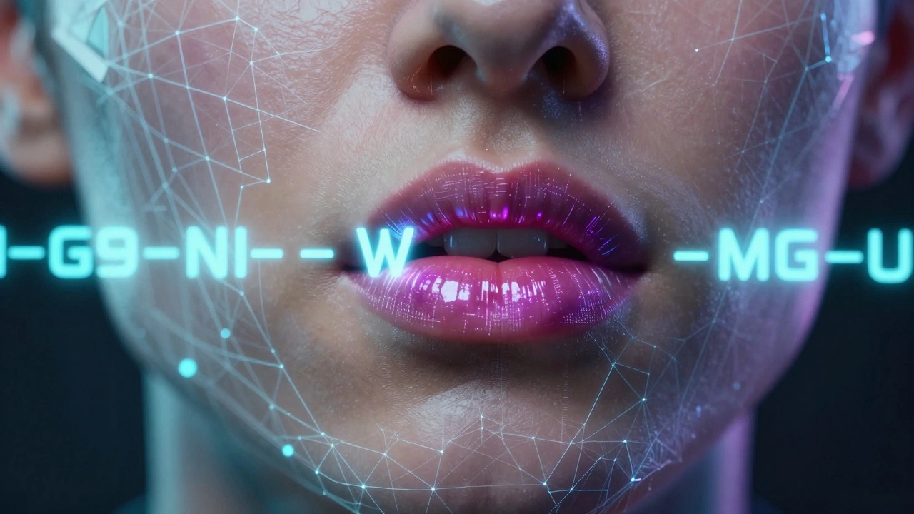Close-up of a face blending human features with digital mesh for AI dubbing