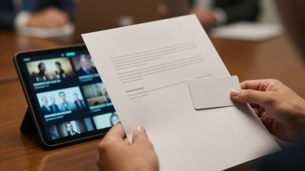 Close-up of film pitch materials including a one-sheet and tablet in a conference.