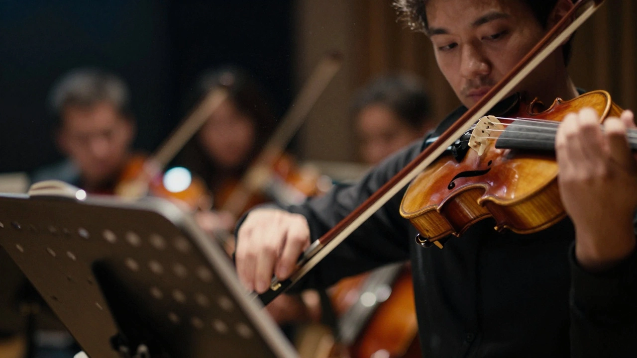 Close up of violinist playing with blurred orchestra and sheet music in background.