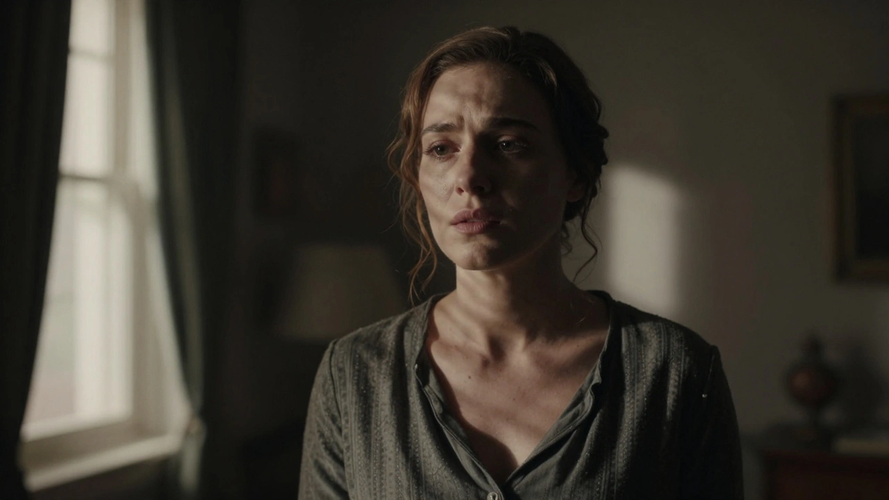 Close-up portrait of an actress in dim natural light showing subtle emotion