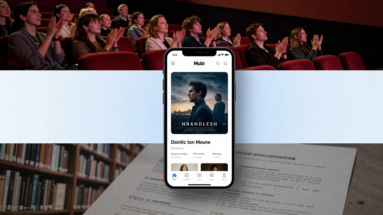 Collage showing theater applause, streaming app, and library shelves for film