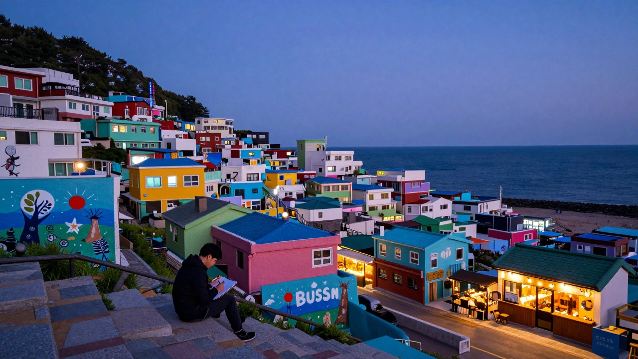 Colorful Gamcheon Culture Village at twilight with a filmmaker
