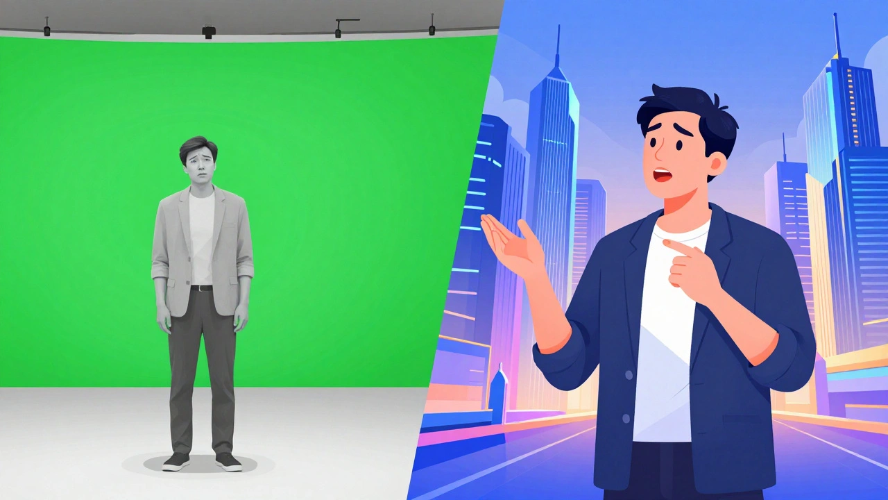 Comparison of green screen acting versus immersive virtual production environments.