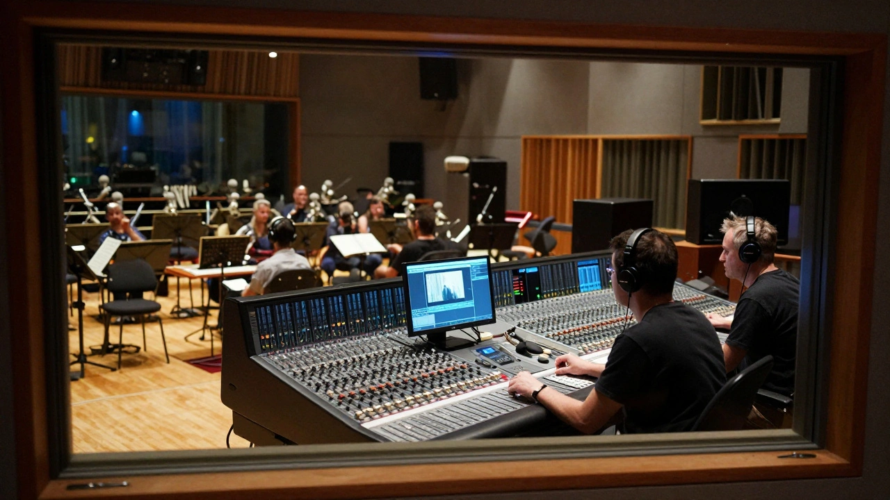 Composer and engineer working at mixing console overlooking orchestra through glass.