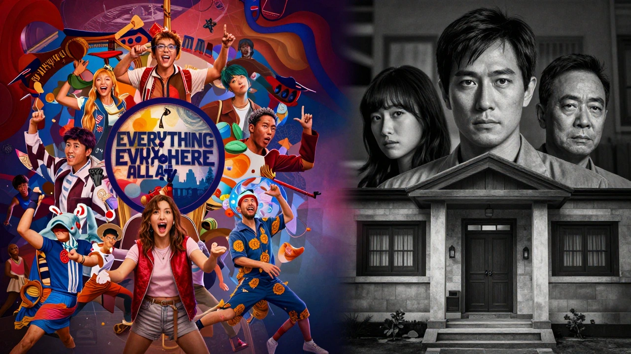 Composite image blending scenes from Everything Everywhere All At Once and Parasite films.