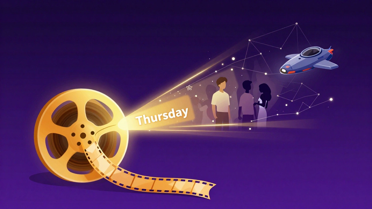 Conceptual art of a film reel bursting into genre icons, symbolizing Thursday releases