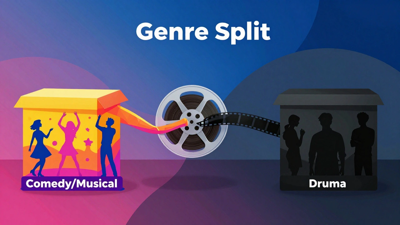 Conceptual art of film reels splitting into comedy and drama categories
