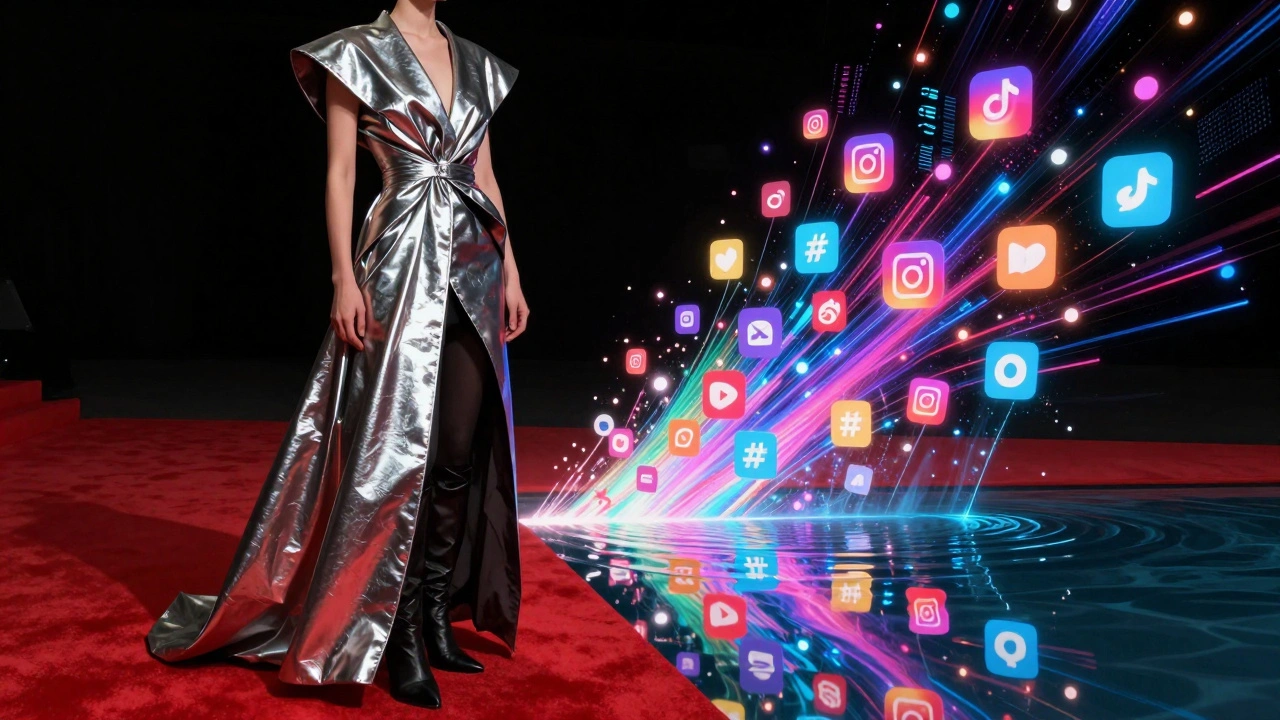 Conceptual art of red carpet fashion merging with social media graphics.