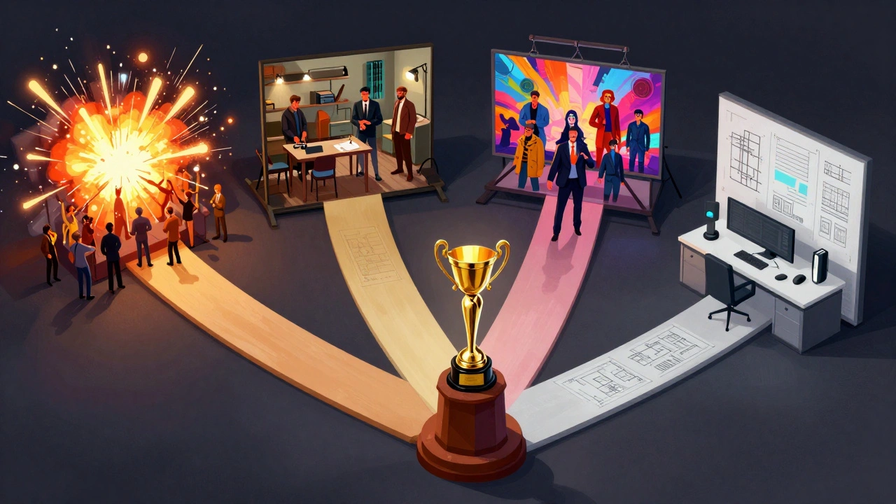 Conceptual art showing four career paths diverging from an award podium