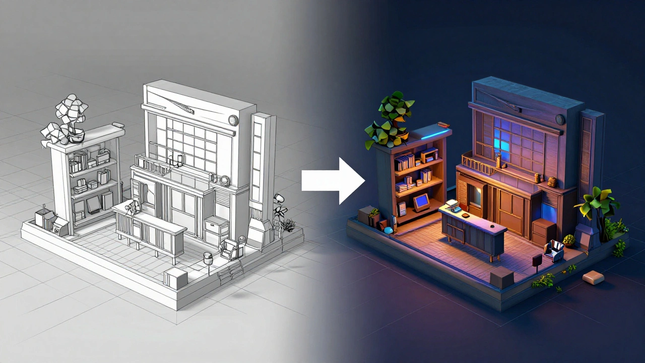 Conceptual graphic comparing low-poly previs models to final photorealistic renders in virtual production.