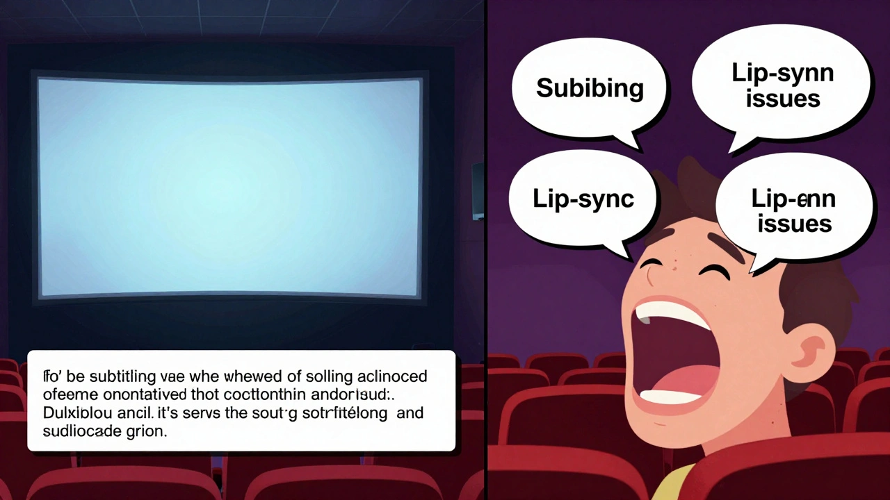 Conceptual split screen showing subtitle space limits and dubbing lip-sync issues