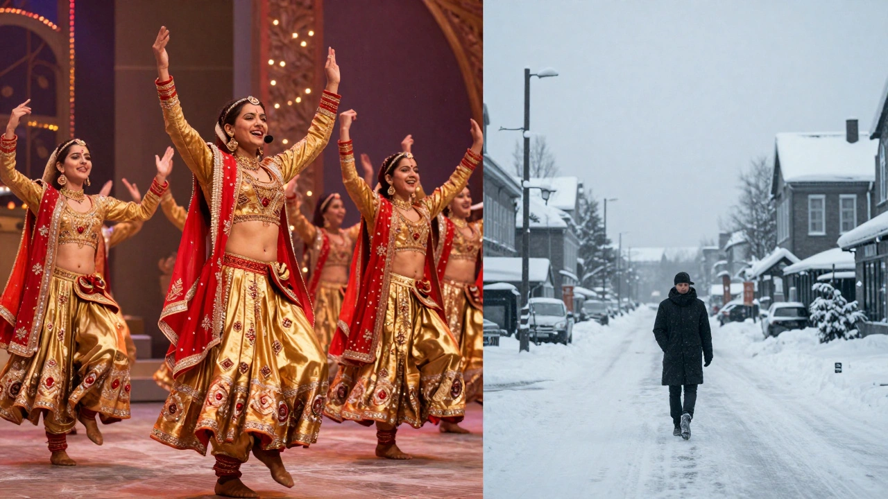 Contrast between vibrant Bollywood colors and muted Scandinavian winter scenes