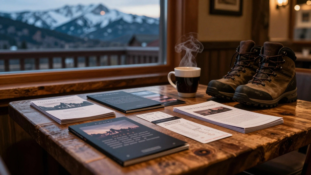 Curated festival programs and hiking boots on a table with mountain views in the background