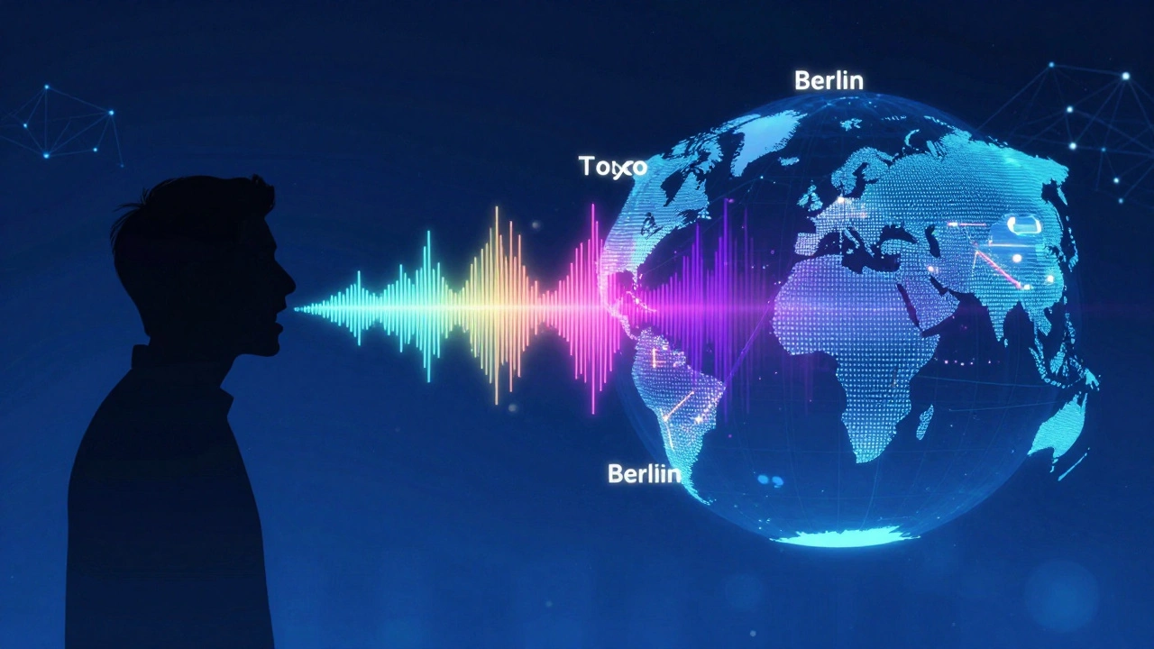 Digital graphic of sound waves traveling across a globe connecting cities