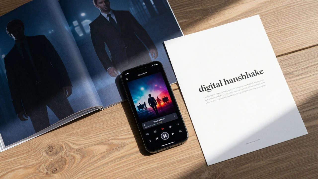 Digital sales kit materials on a wooden table