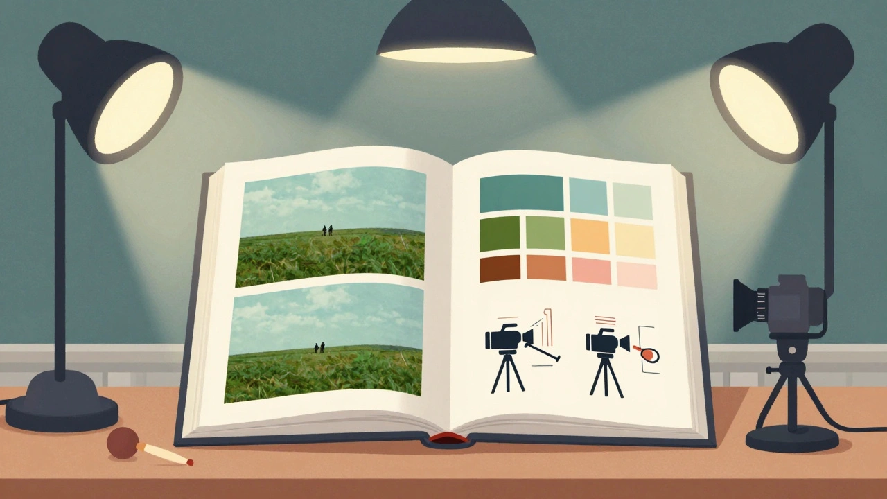 Director's lookbook with color swatches and camera diagrams