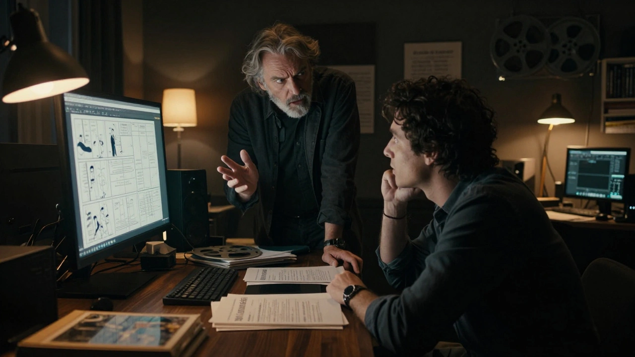 Director and actor collaborating intensely in a dimly lit editing room