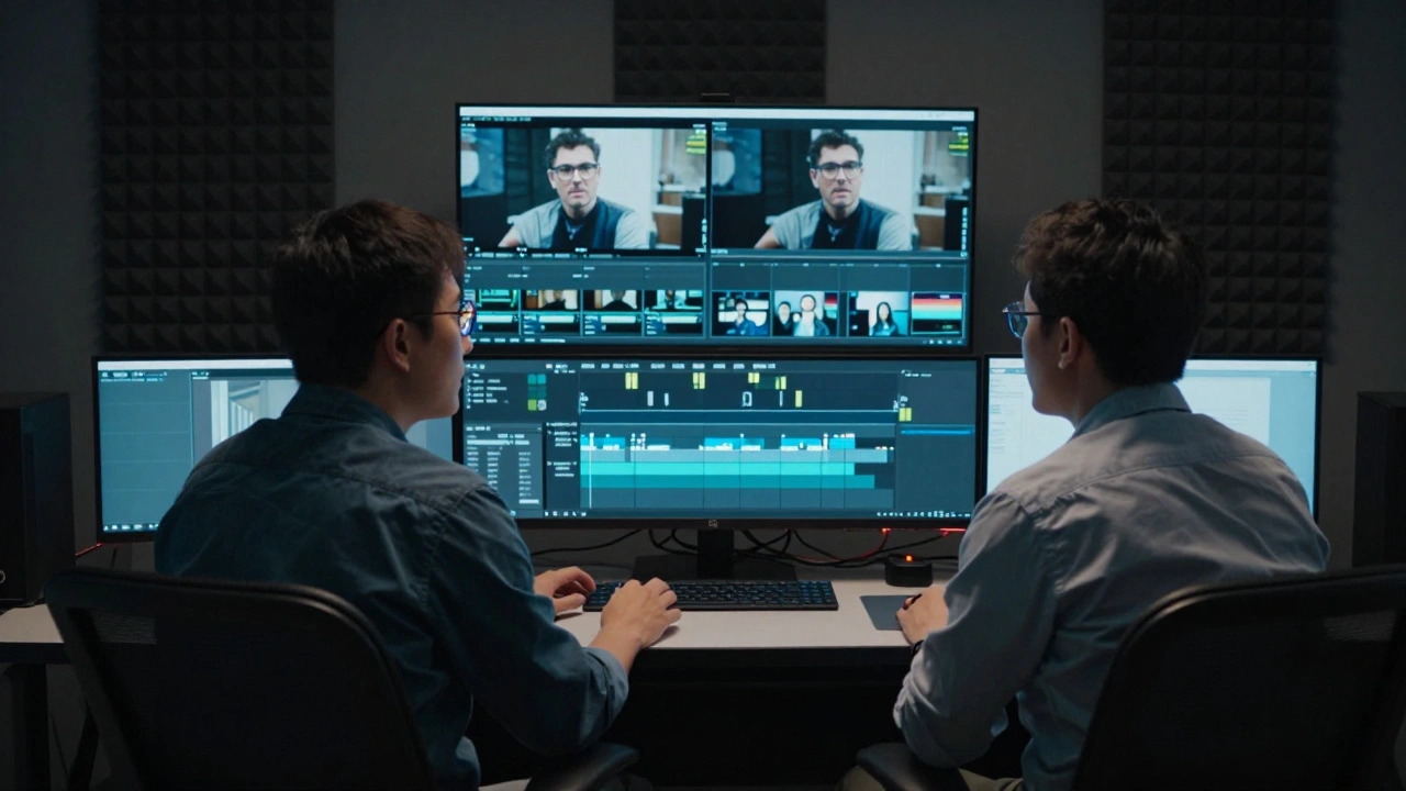 Director and editor reviewing footage in studio
