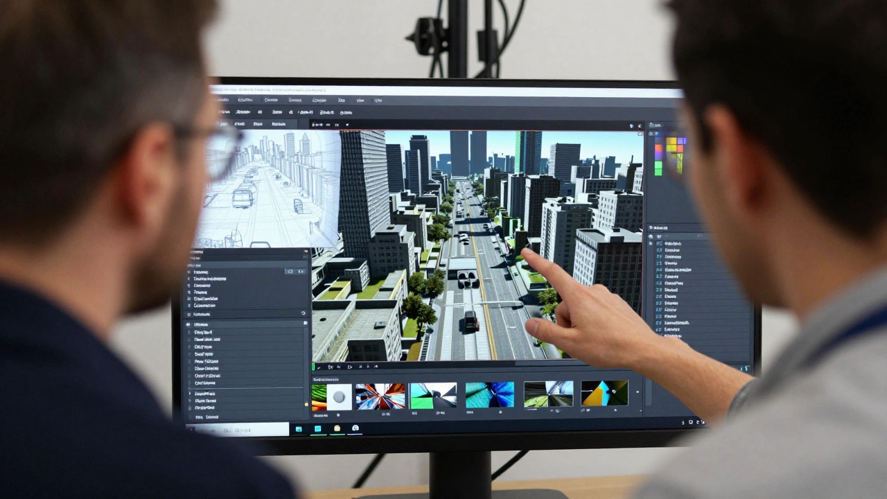 Director and supervisor reviewing real-time 3D renders on a monitor during a virtual production shoot.
