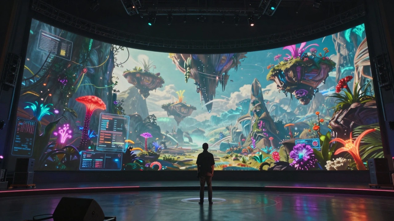 Director on a virtual production LED stage viewing a digital alien world
