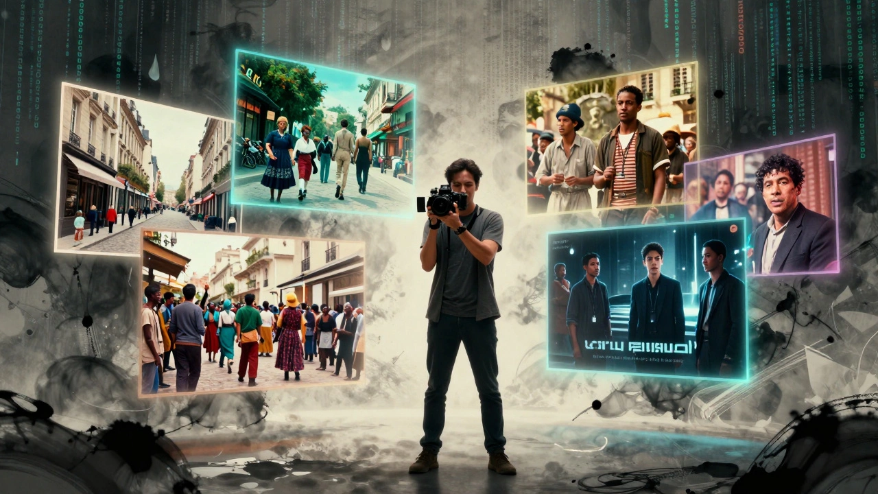 Director surrounded by floating frames of global cinema styles merging