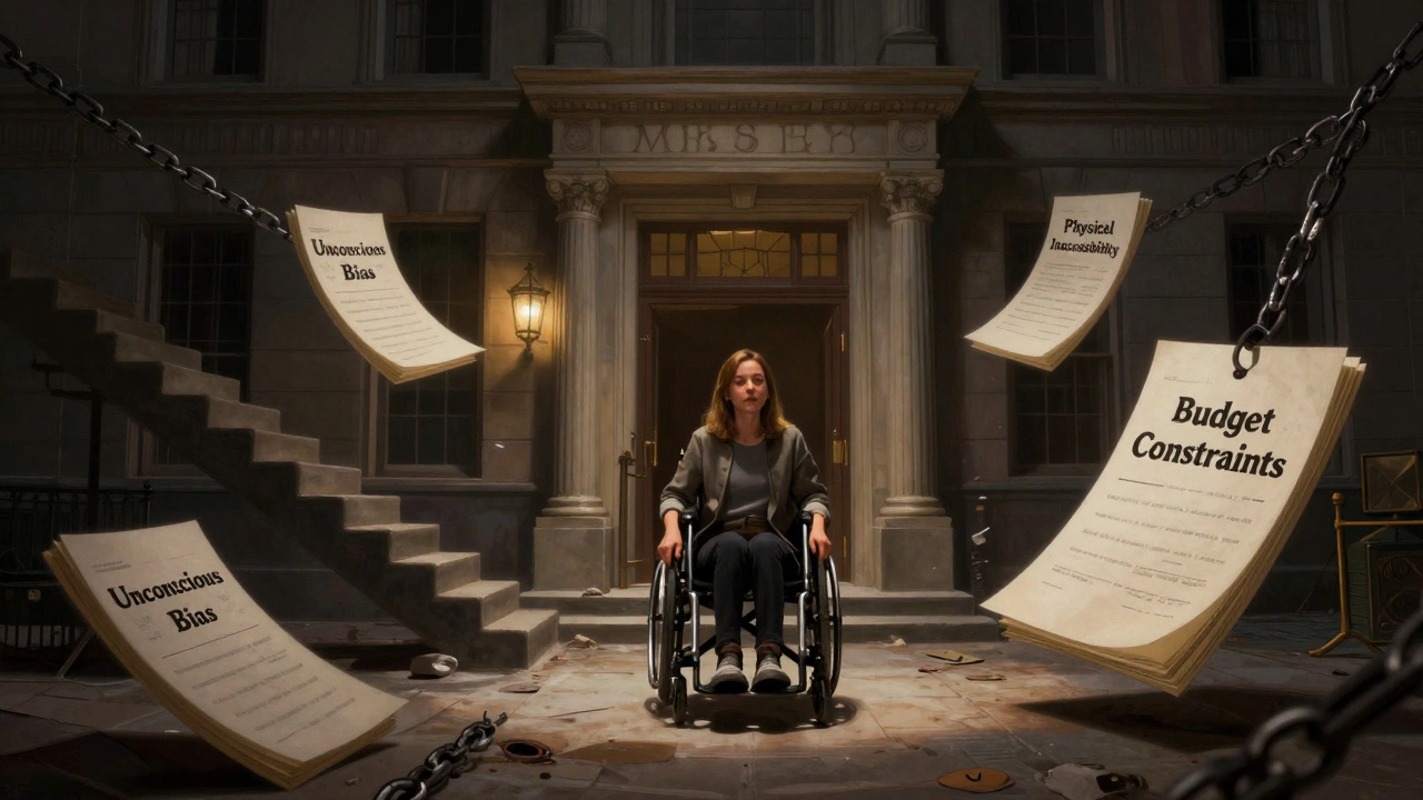 Disabled actor facing symbolic barriers like bias and inaccessibility at a studio gate.