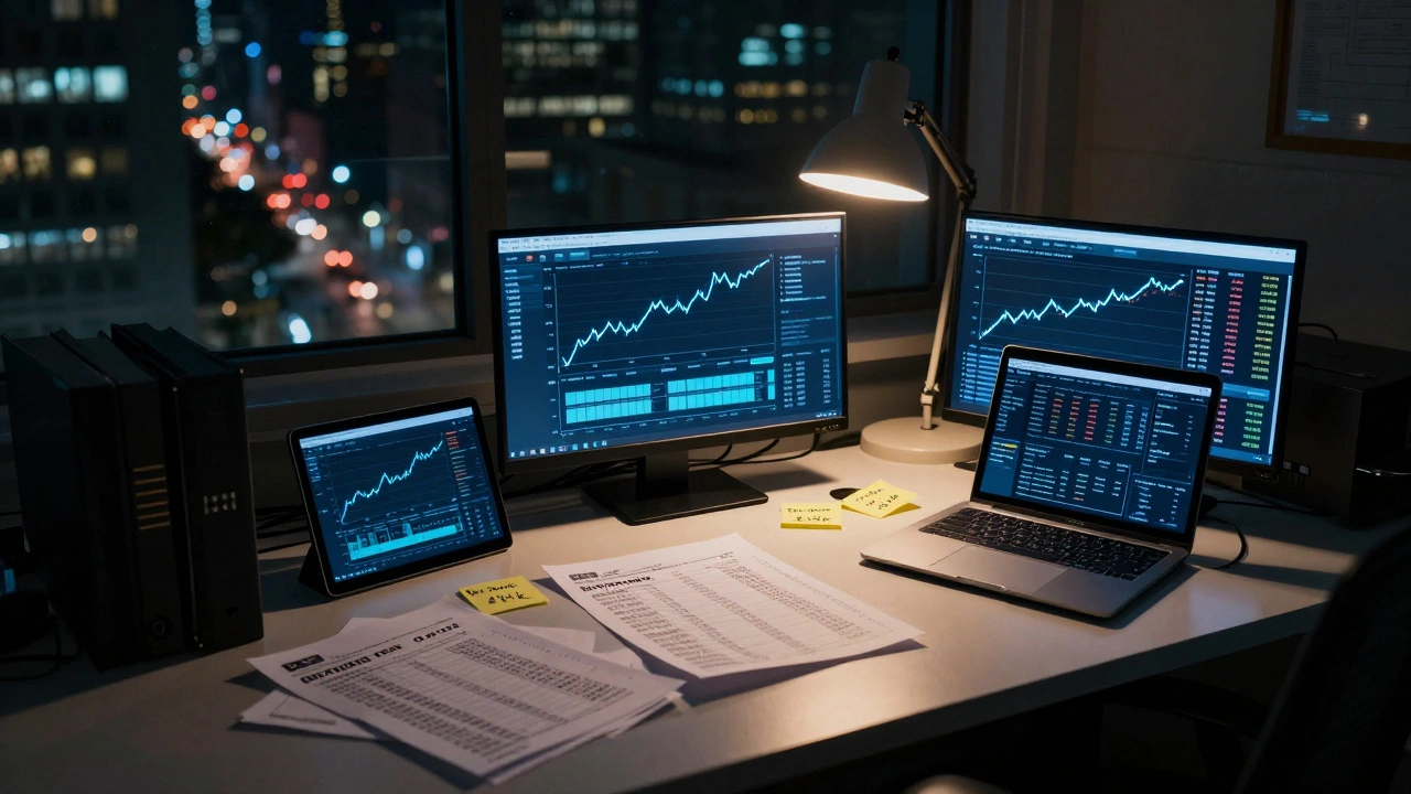 Distributor analyzing box office data and social metrics at night.