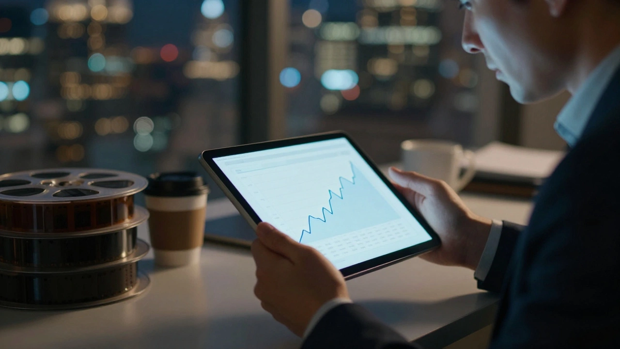 Distributor analyzing box office data on a tablet in a city office at night.