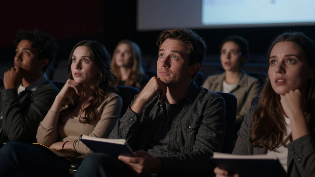 Diverse critics watching a film with thoughtful expressions in a theater.