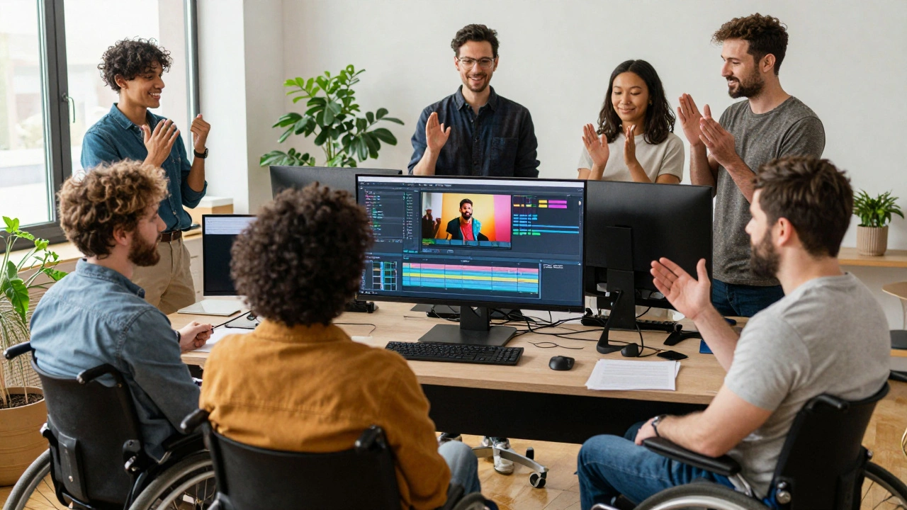 Diverse disabled filmmakers collaborating happily in an accessible, modern editing suite.