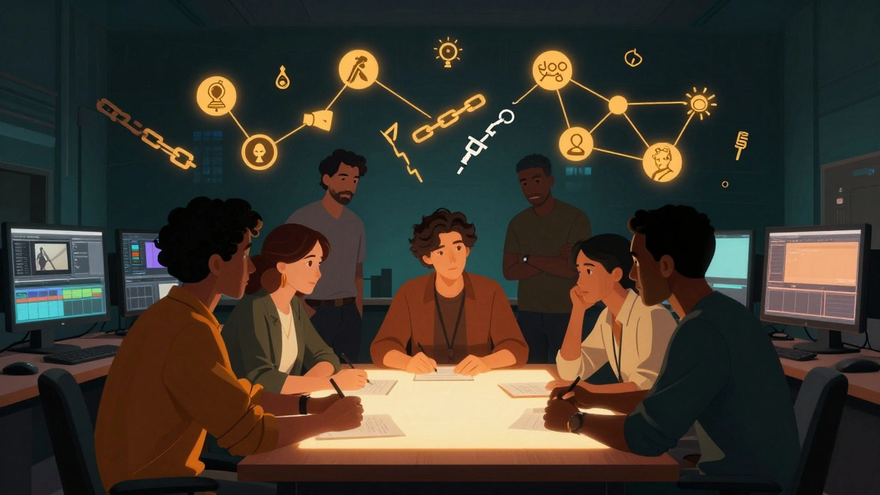 Diverse filmmakers collaborating around a script table in a warmly lit editing suite.