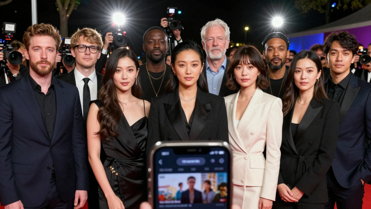 Diverse filmmakers on a modern red carpet with phone