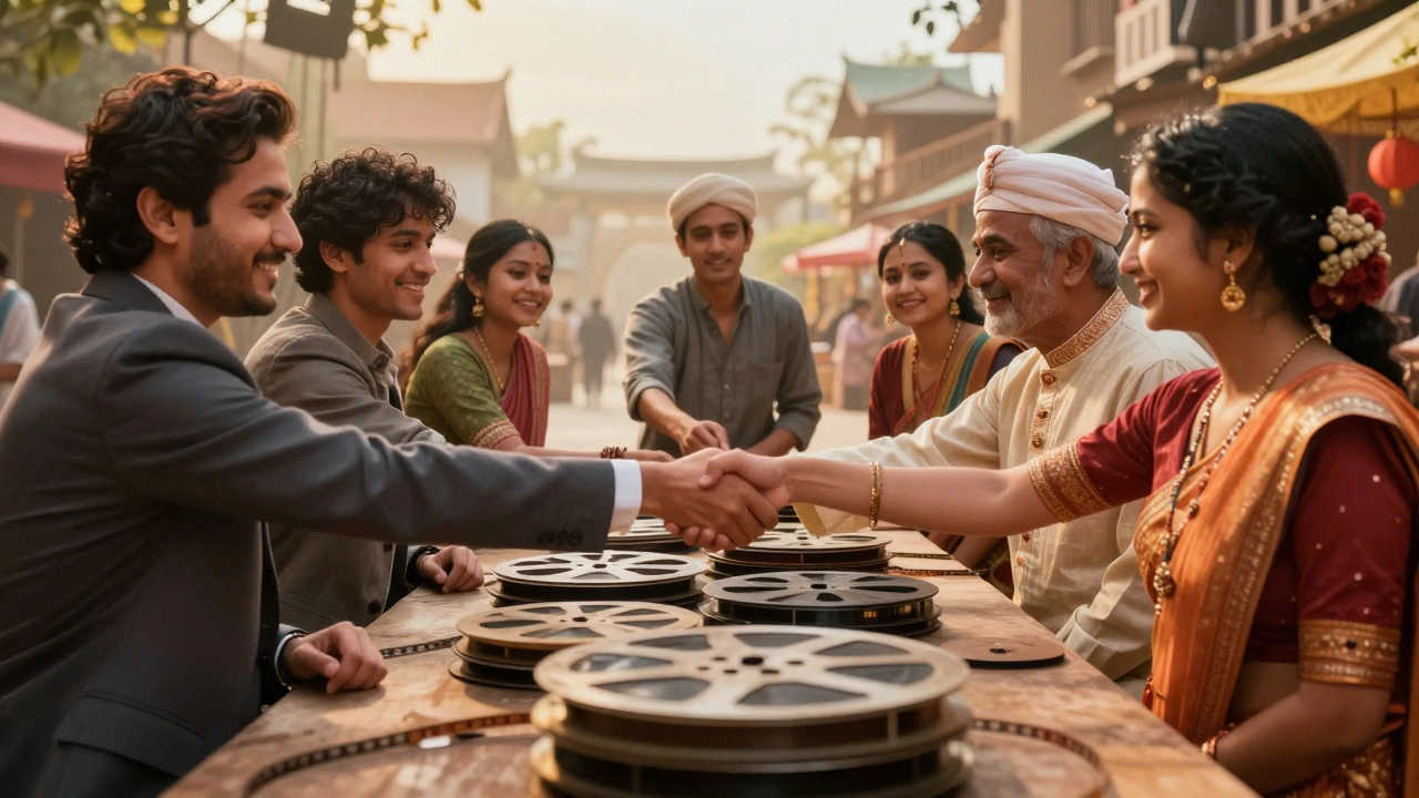 Diverse filmmakers shaking hands over film reels symbolizing global co-productions