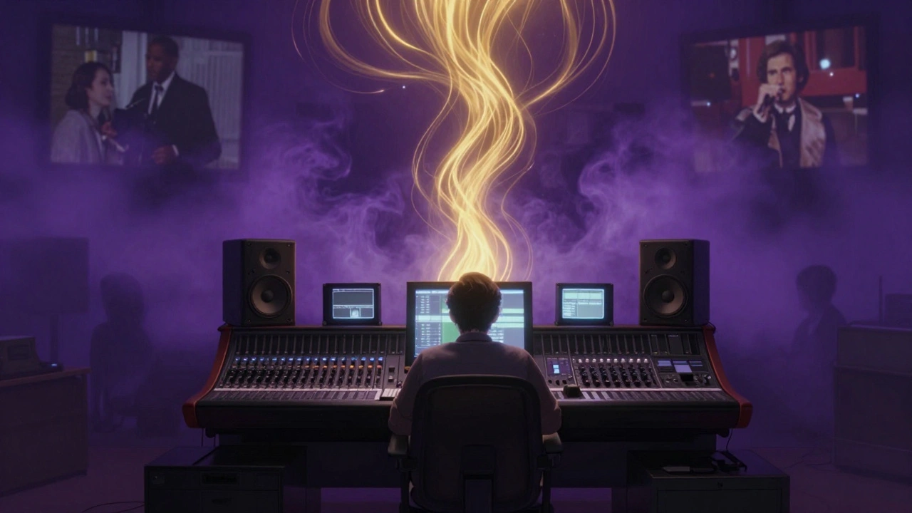 Editor blending diegetic radio sounds with non-diegetic orchestral scores.