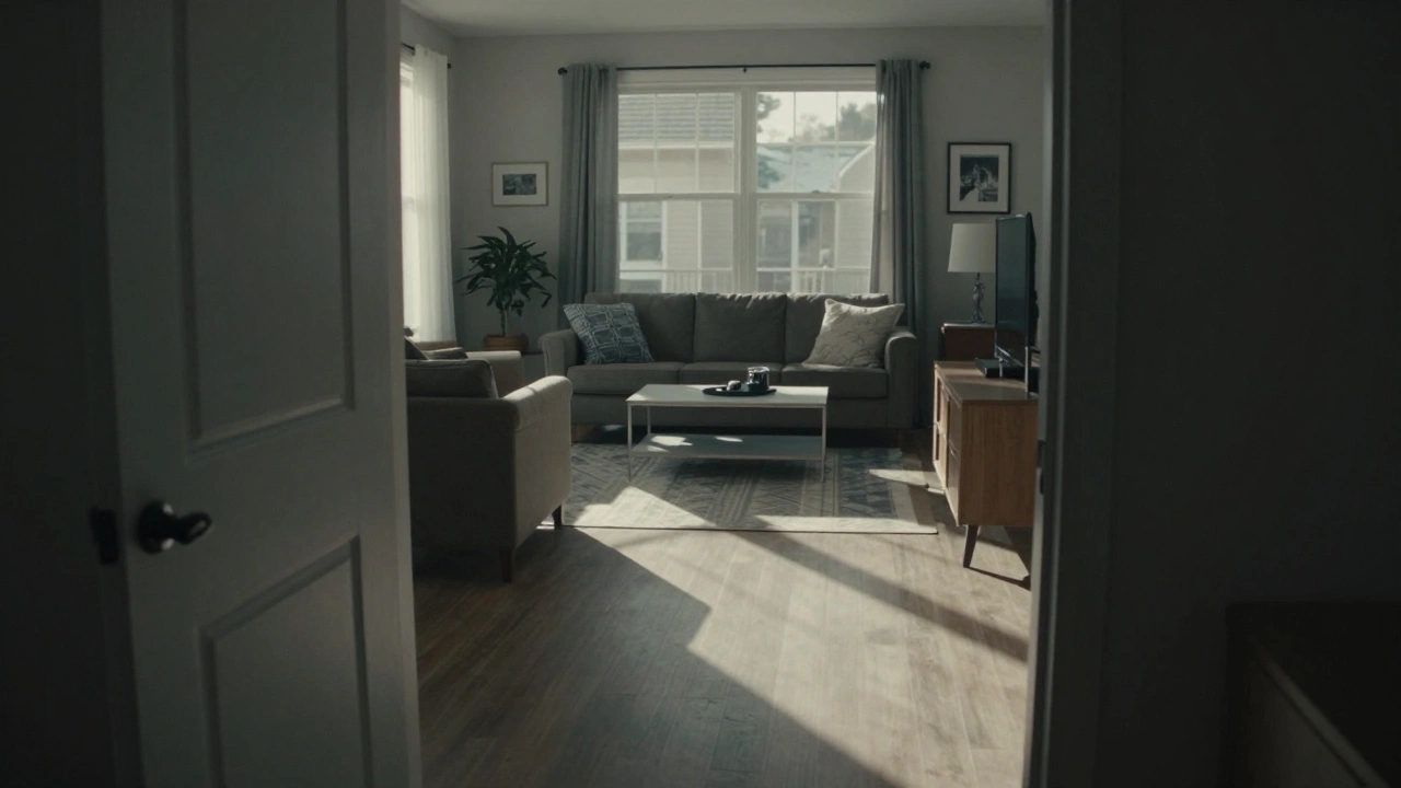 Eerie suburban living room with long shadows, hinting at hidden domestic secrets.