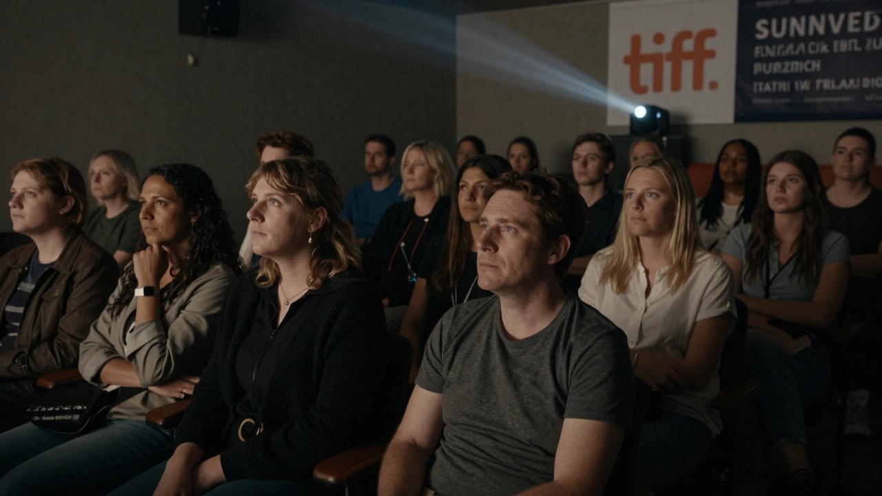 Engaged audience watching a documentary in an intimate, dimly lit cinema setting