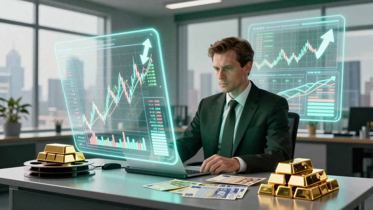 Executive analyzing floating holographic charts of currency volatility over film reels