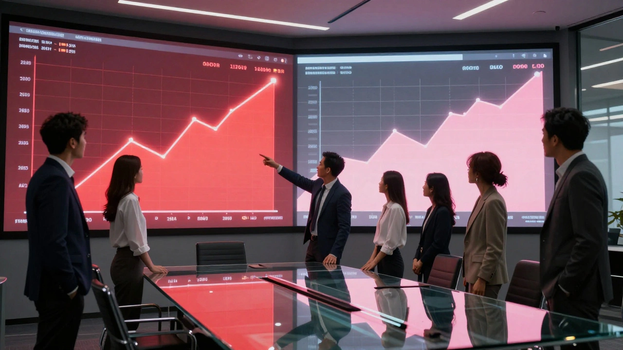 Executives analyzing streaming data charts showing horror and romance growth trends