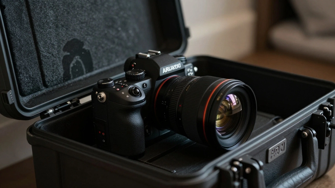 Expensive camera gear in open case hinting at theft risk