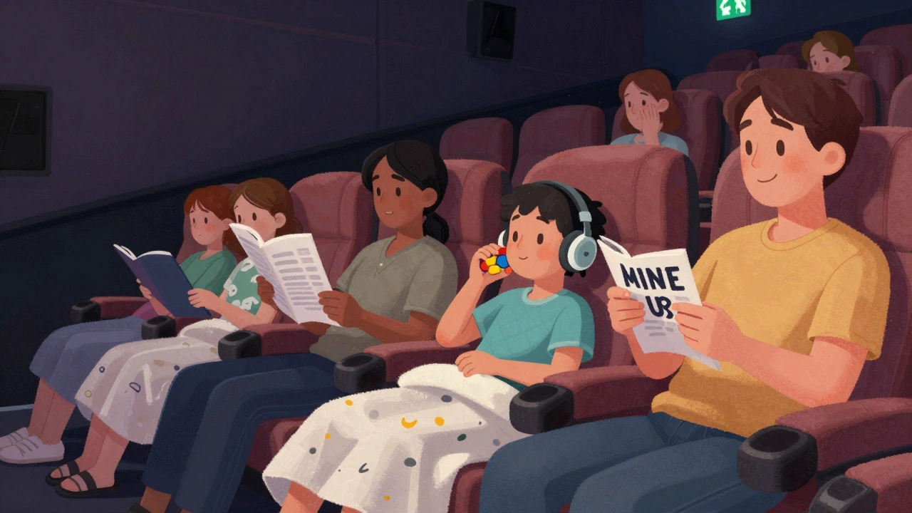 Family enjoying sensory-friendly movie screening with reduced lighting and sound.