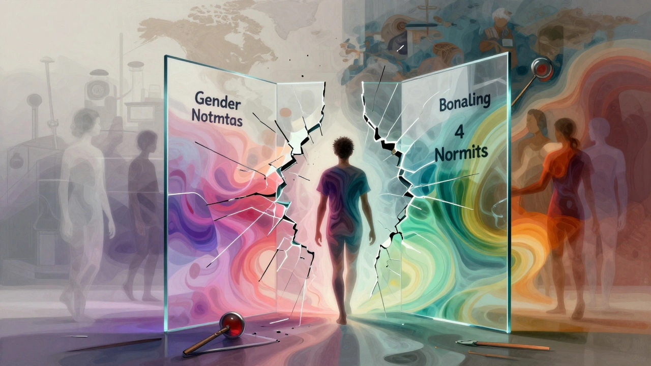 Figure breaking free from binary glass walls into colorful light
