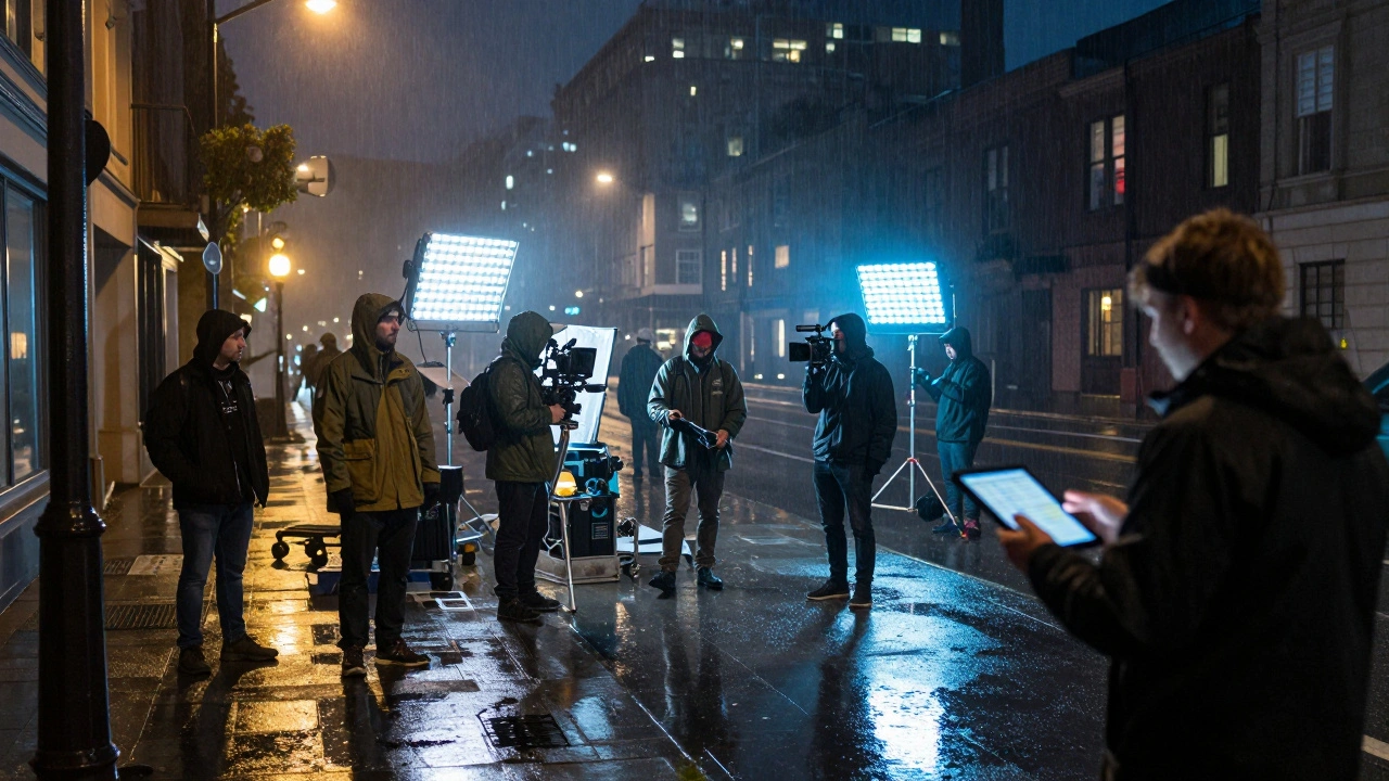 Film crew setting up lights on a wet city street at night during a shoot