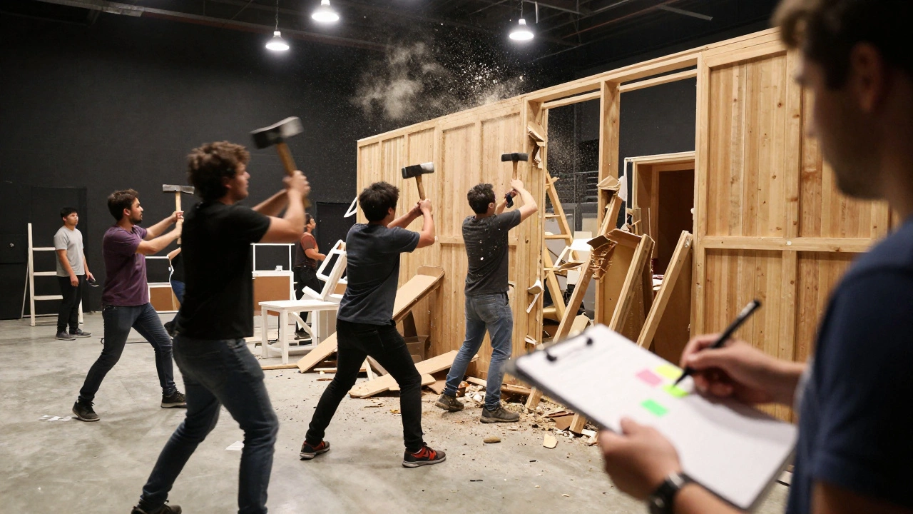 Film crew smashing and dismantling a movie set on a soundstage