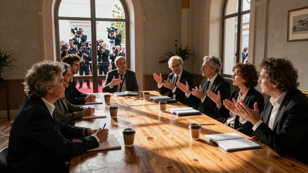 Film critics debating in a sunlit jury room at an international cinema festival.