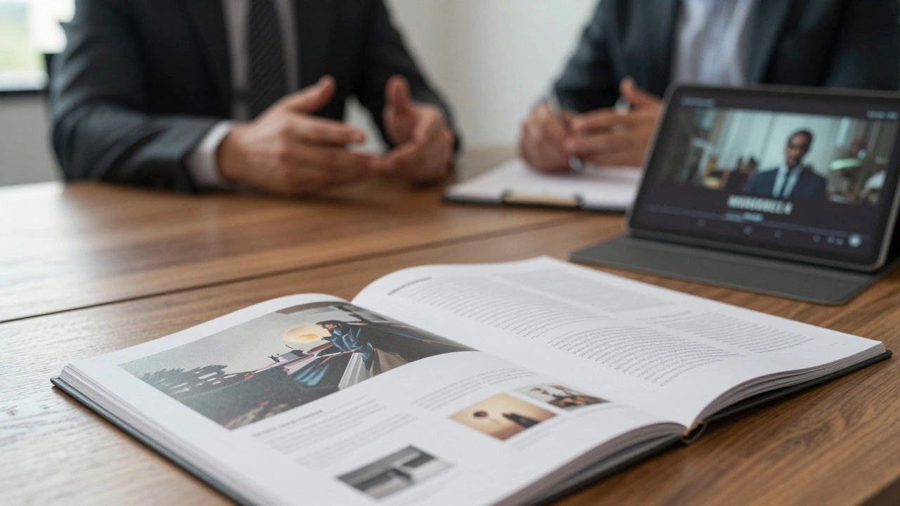 Film pitch materials including lookbook and synopsis on conference table