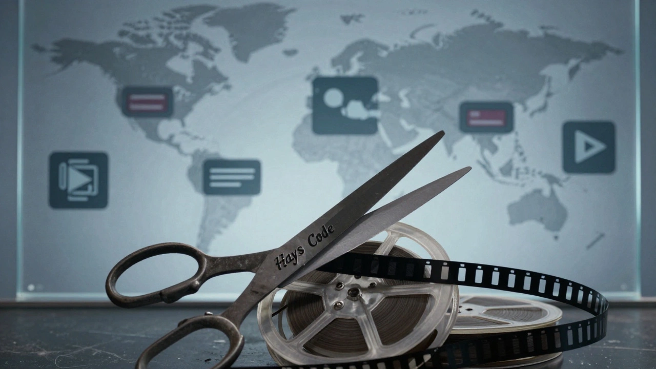 Film reel being cut by scissors against a world map