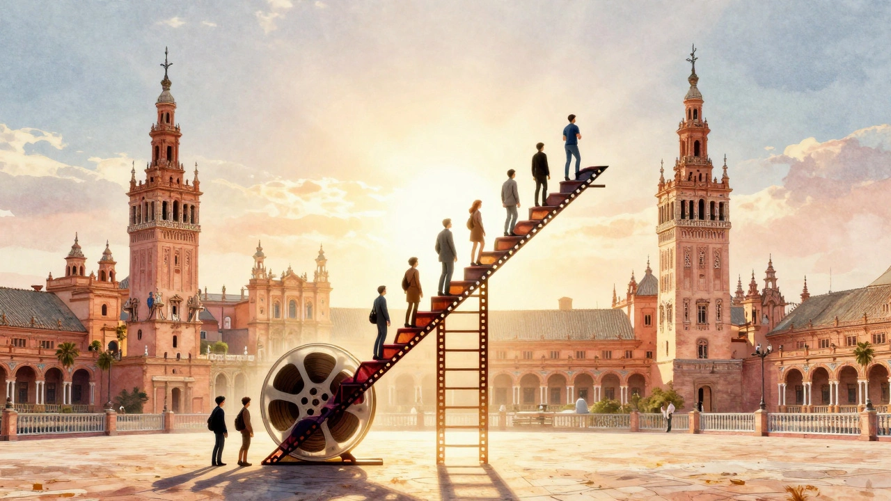 Film reel forming a ladder toward success over Seville skyline