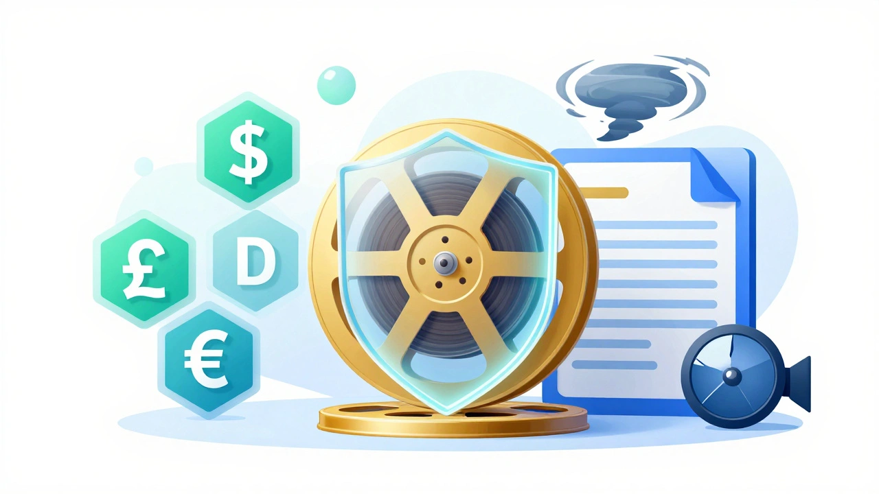 Film reel protected by a glowing shield of financial derivatives and insurance icons